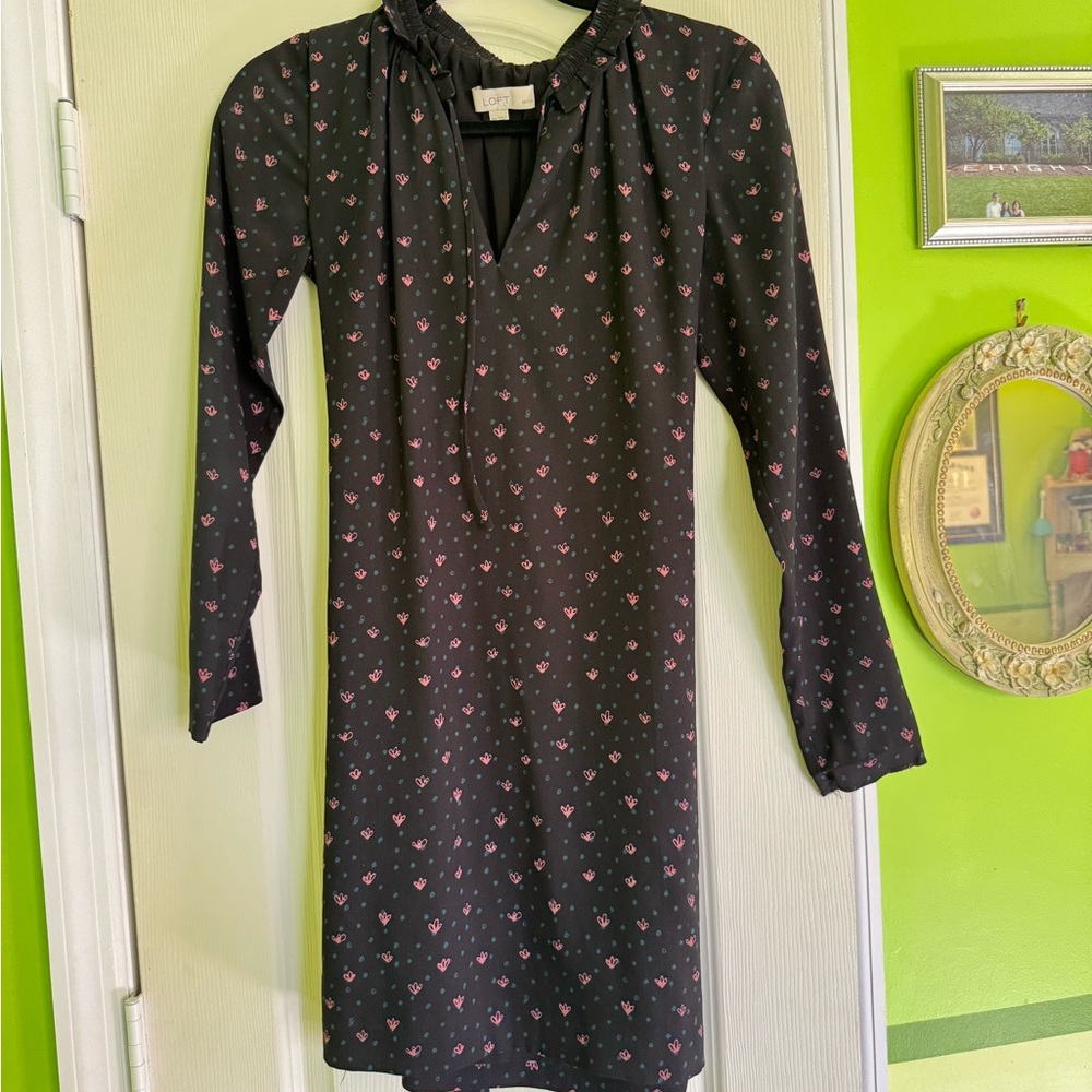 LOFT Black Dress with Pink Heart Pattern